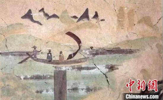 “一人搖櫓晃扁舟，兩人撐篙水上漂?！眻D為莫高窟第323窟《搖櫓帆船》（初唐）?！《鼗脱芯吭汗﹫D