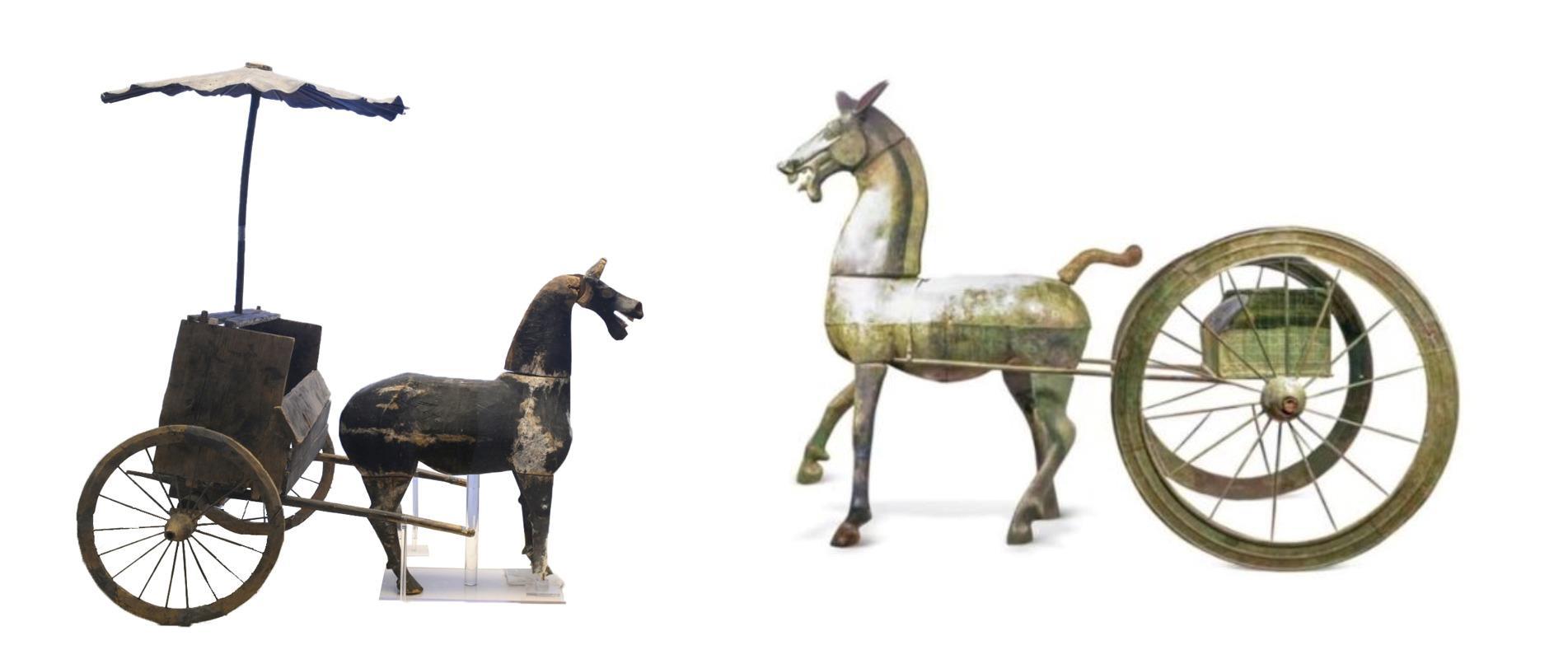 △左為漢代木軺車，藏于青海省博物館；右為東漢銅車馬，藏于黔西南州博物館。